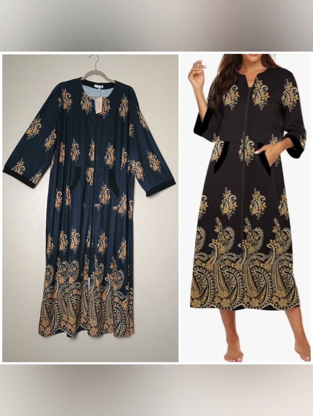 Black Long-Sleeve Zipper Robe Housecoat Nightgown Loungewear Gold Paisley Print